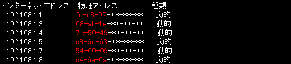 macアドレス一覧