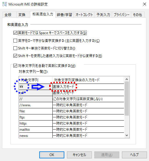 バックスラッシュや円マークのキーを2回連続で押下しても 入力モードを半角英数字に変更されないようにする方法